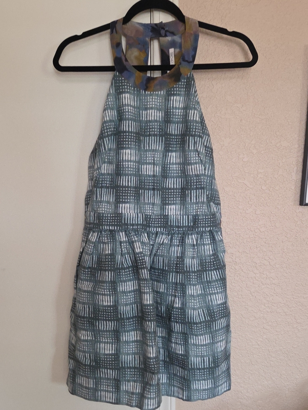 RACHEL Rachel Roy Teal and White Patterned Halter Dress with Multicolor Collar